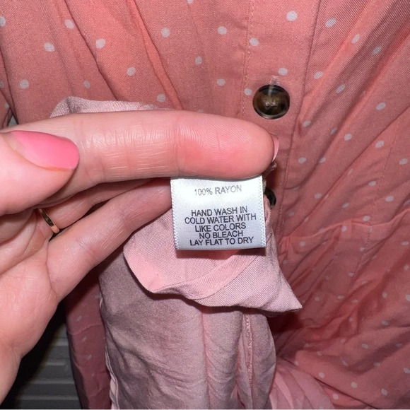 Gibson Pink White Polka Dot Puffed Short Sleeve Midi Smocked Dress, Size Small - Picture 9 of 9